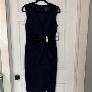 Jessica Howard Navy Midi Dress with Brooch